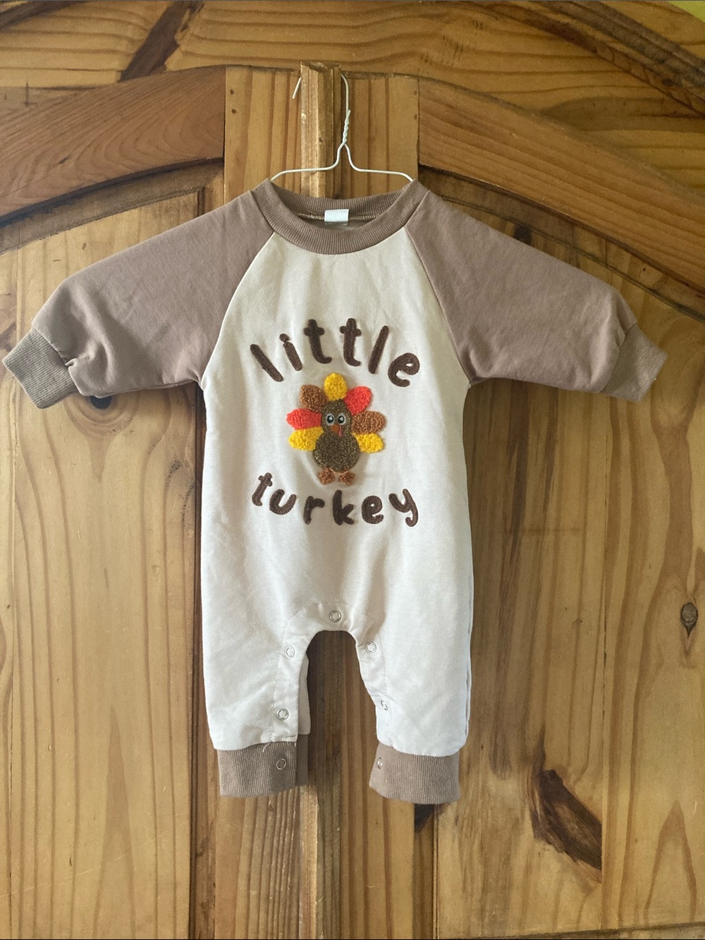 Boys Little Turkey Thanksgiving tan brown orange romper size 0-3 months